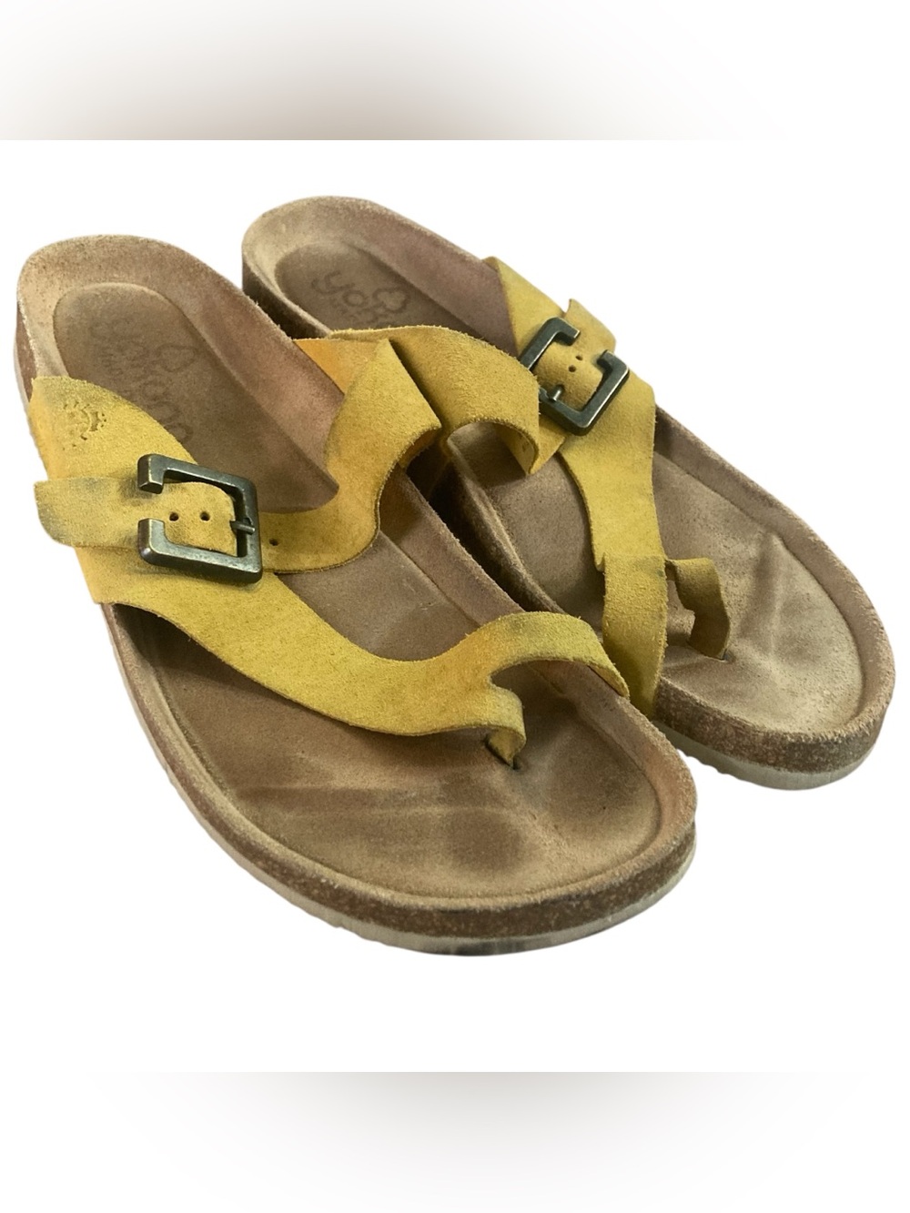 Women's Yellow Suede Buckle Toe-Post Sandals - Casual Comfort